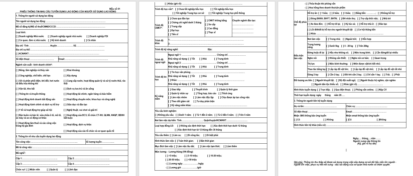 PHIẾU THÔNG TIN NHU CẦU TUYỂN DỤNG LAO ĐỘNG CỦA NGƯỜI SỬ DỤNG LAO ĐỘNG