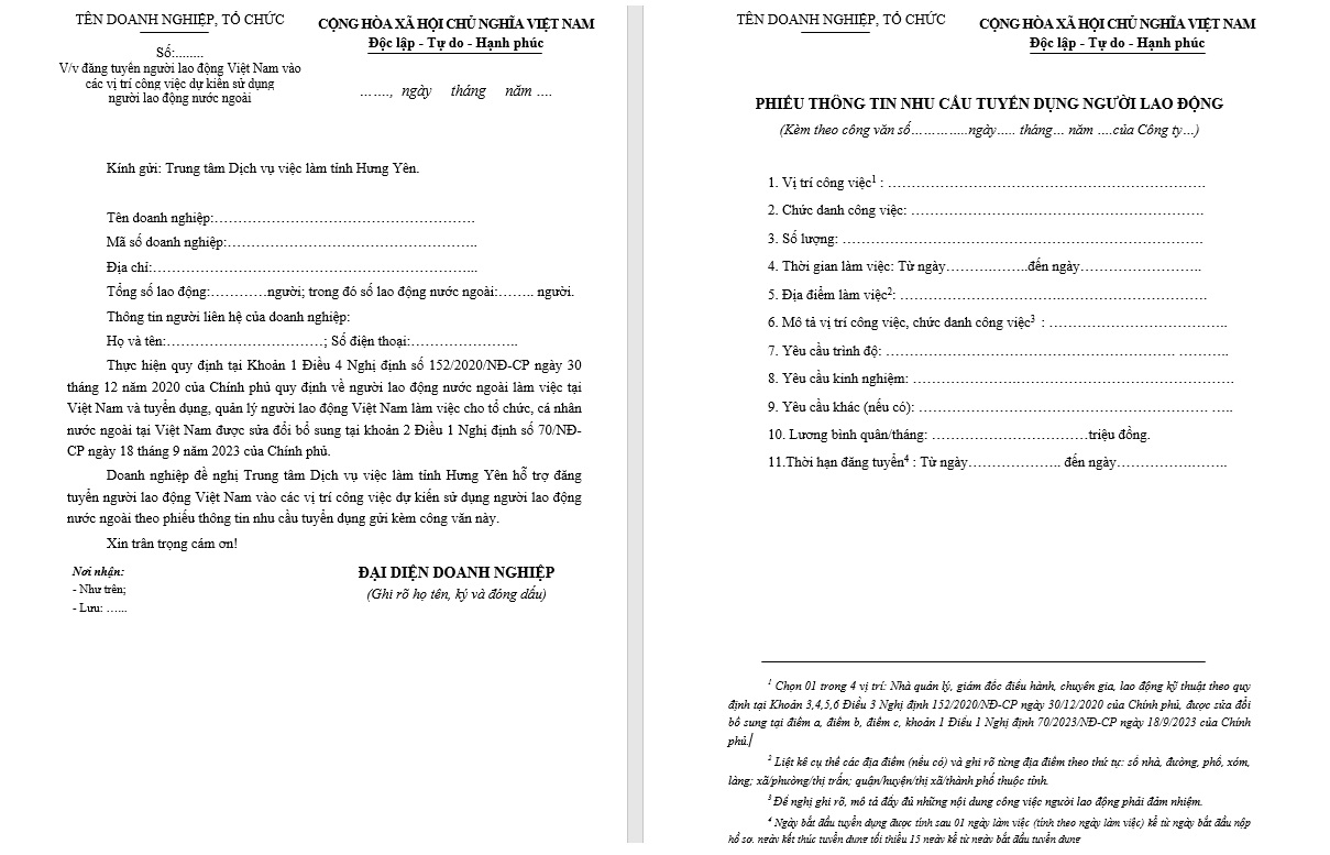 Văn bản mẫu phục vụ đăng tuyển theo nghị định 70 của Trung tâm việc làm tỉnh Hưng Yên